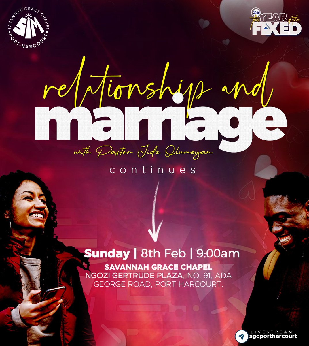 This Sunday, Pastor <a href="/JideOlumeyan/">Jide Olumeyan</a> continues the series "Relationship and Marriage".

Join us from 9:00AM at Savannah Grace Chapel Port Harcourt.
