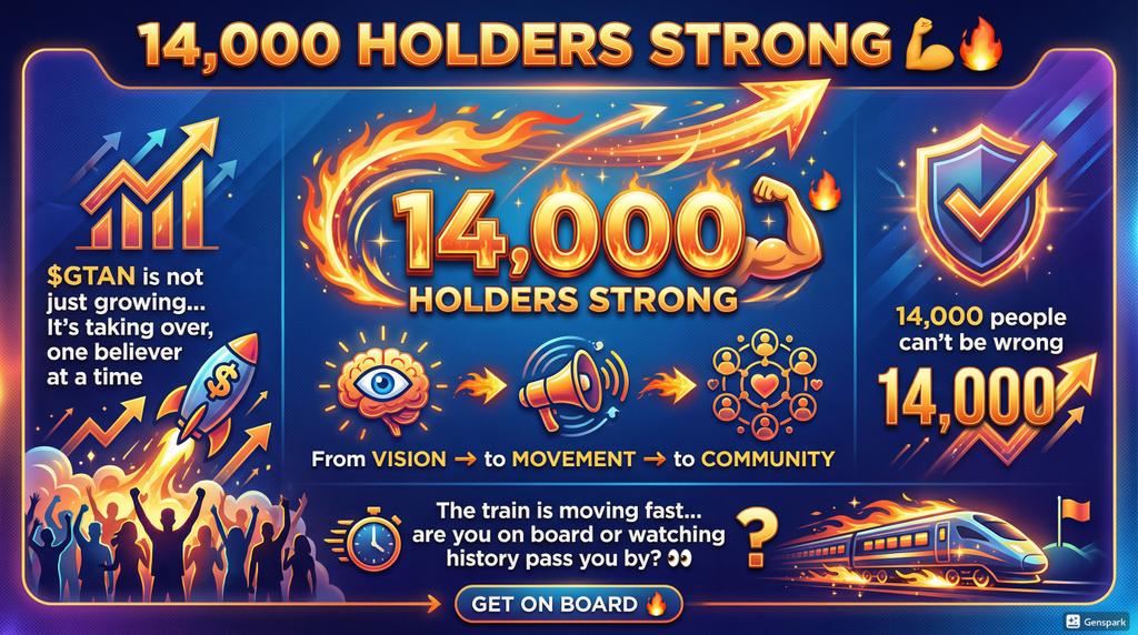 14,000 HOLDERS STRONG 💪🔥
$GTAN is not just growing…
It’s taking over, one believer at a time.
From vision → to movement → to COMMUNITY.
14,000 people can’t be wrong.
The train is moving fast… are you on board or watching history pass you by? 👀
