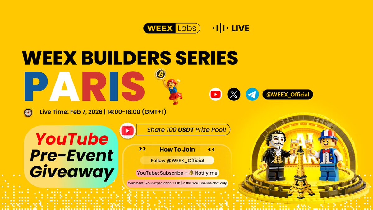 🚀 WEEX Builders Series Paris countdown! YouTube Pre-event Giveaway is here!
🎁 10 Winners × 10 USDT  
Winners selected from YouTube Live Chat comments
✨ DOUBLE Red Packet Drops during LIVE!
① 500 Red Packets | 500 USDT — Open to ALL users  
② 500 Red Packets | 500 USDT — New