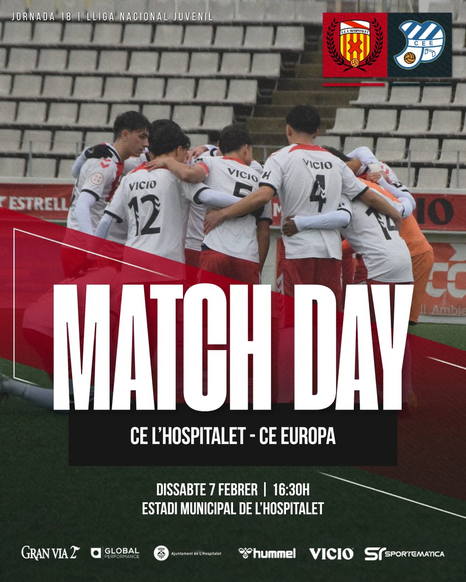 [DIA DE PARTIT]

🏆 #LNJ7 | J18
🕖 16.30h
⚽️ <a href="/CELHospitalet/">CE L'Hospitalet</a> - <a href="/CEEuropa/">Club Esportiu Europa</a>
🏟️ Estadi Municipal de L'H
📲 <a href="/CELHFutbolBase/">CE L'Hospitalet Futbol Base</a>
💻 hqsport.plus
🎟 Entrada lliure

#HospiEuropa #MatchDayLH
#SomhiHospi #SomFutur⚪️❤️