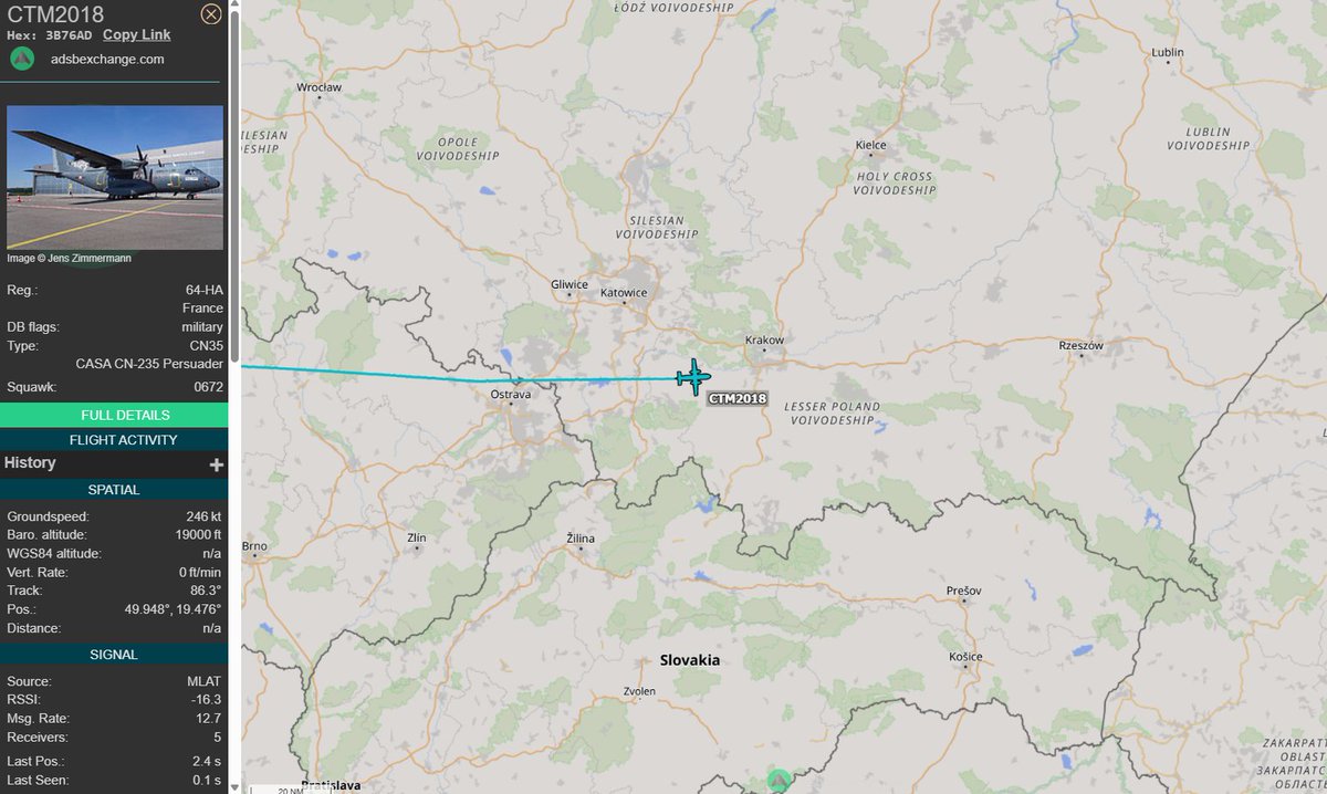 PolishMilRadar's tweet photo. 📅 07.02 🕒 11:27LT - 🇫🇷✈️ CASA do Rzeszowa 🇵🇱
🇫🇷 Siły Powietrzne Francji
✈️ CASA C-235 "193"
🛫 Baza Lotnicza Évreux-Fauville #LFOE 🇫🇷
🛬 Rzeszów Jasionka #EPRZ 🇵🇱
#CTM2018 leci na FL190
🔗 Link do śledzenia w komentarzu ⬇️
#POLMILRADAR https://t.co/iZsfWrbH8B