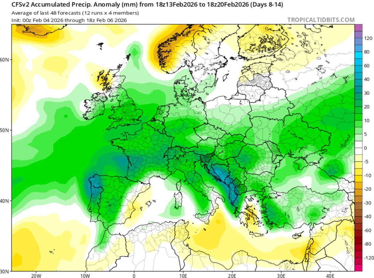 #Pluies 🔄☔️ La semaine prochaine s'annonce très humide sur l'Europe méditerranéenne. Dans ce flux océanique, la Bretagne prendra sa part une énième fois ...  
⚠️ Risque d'inondation pour la mi-février
🔎 Anomalie des précipitations jusqu'au 20 fév.
🟢 Humide
⚪️ Normale
🟡 Sèche
