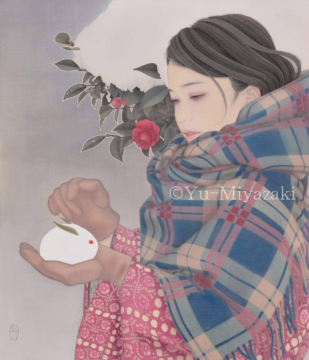 寒くなってきて、こちらは霙が雪になりました❄
暖かくしてお過ごしください。

「雪うさぎ」F10 2023年制作
（絹に墨と顔料）