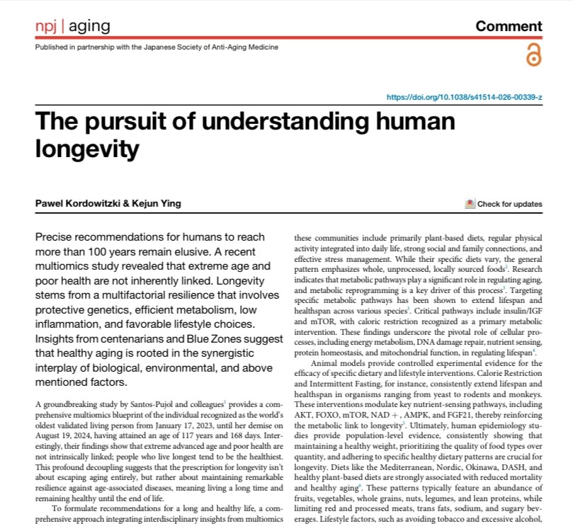 KulikovUNIATF's tweet image. Does extreme age inherently mean poor health?

New researchanalyzed the biological profile of a supercentenarian and found a fascinating paradox: canonical markers of #aging (like telomere attrition) coexisted with powerful protective mechanisms. This suggests #longevity isn't