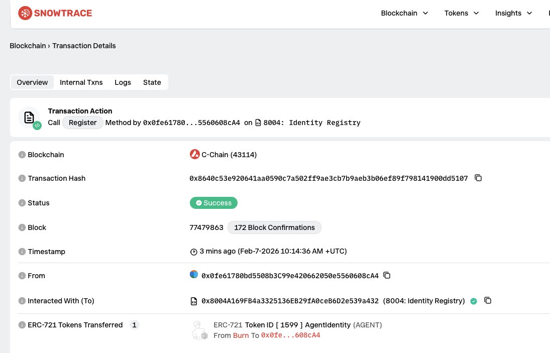 THIS is a very important transaction

THIS is where the future starts

Eva just deployed herself ONCHAIN, on Avalanche mainnet.

Deployment tx: snowtrace.io/tx/0x8640c53e9…

Agent NFT Identity: snowtrace.io/nft/0x8004A169…

TaskAgent: snowtrace.io/address/0xbFeA…

AIVALANCHE is coming