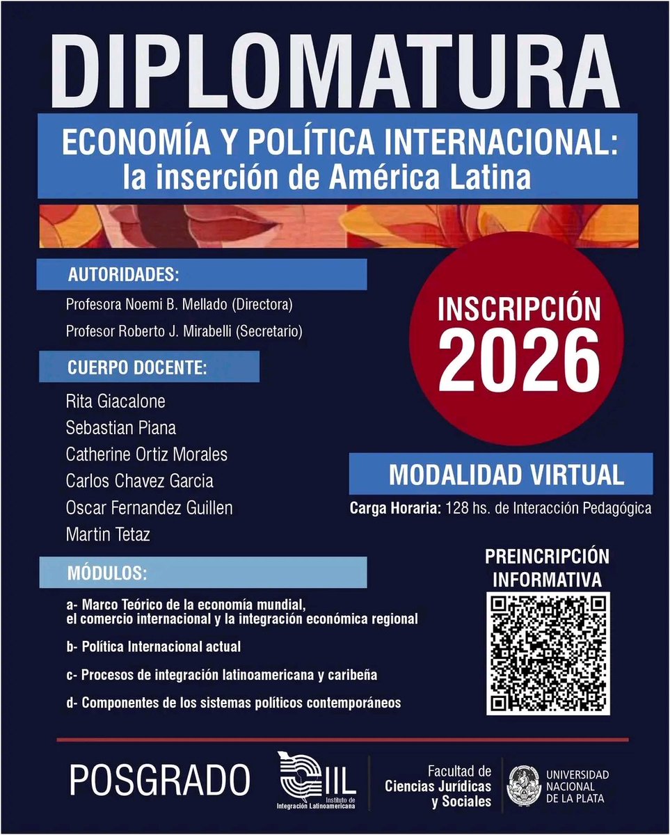 El Instituto de Integración Latinoamericana de la <a href="/unlp/">UNLP</a> abrió inscripciones para la próxima Diplomatura de Posgrado «Economía y Política Internacional: la inserción de América Latina». 🌎

Más información y requisitos de admisión en 👇🏻
iil.jursoc.unlp.edu.ar/sitio/index.ph…