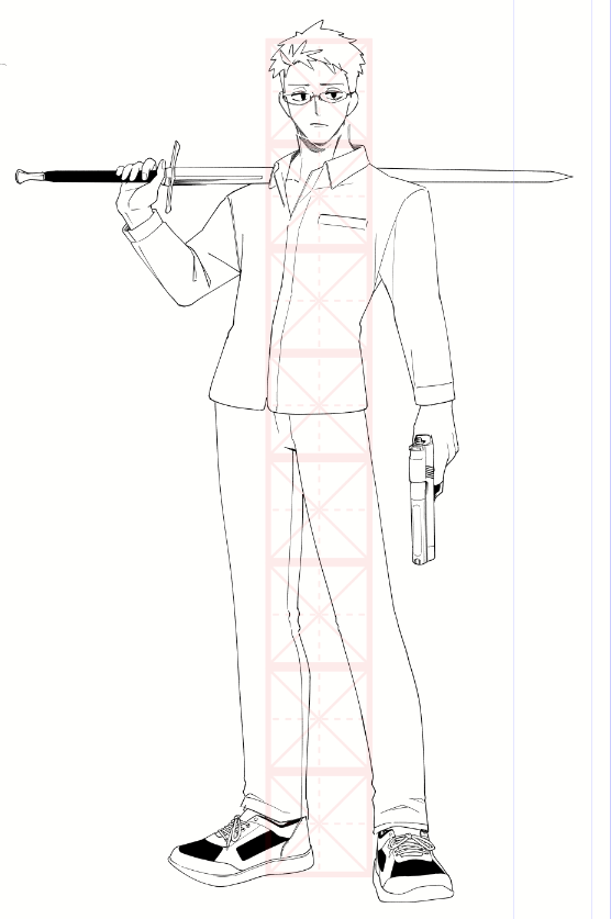 7頭身くらいで描くとどうなるかなぁのやつ。顔が老けてるからバランス悪く感じるな。肩幅か?8なら違和感ないか。 