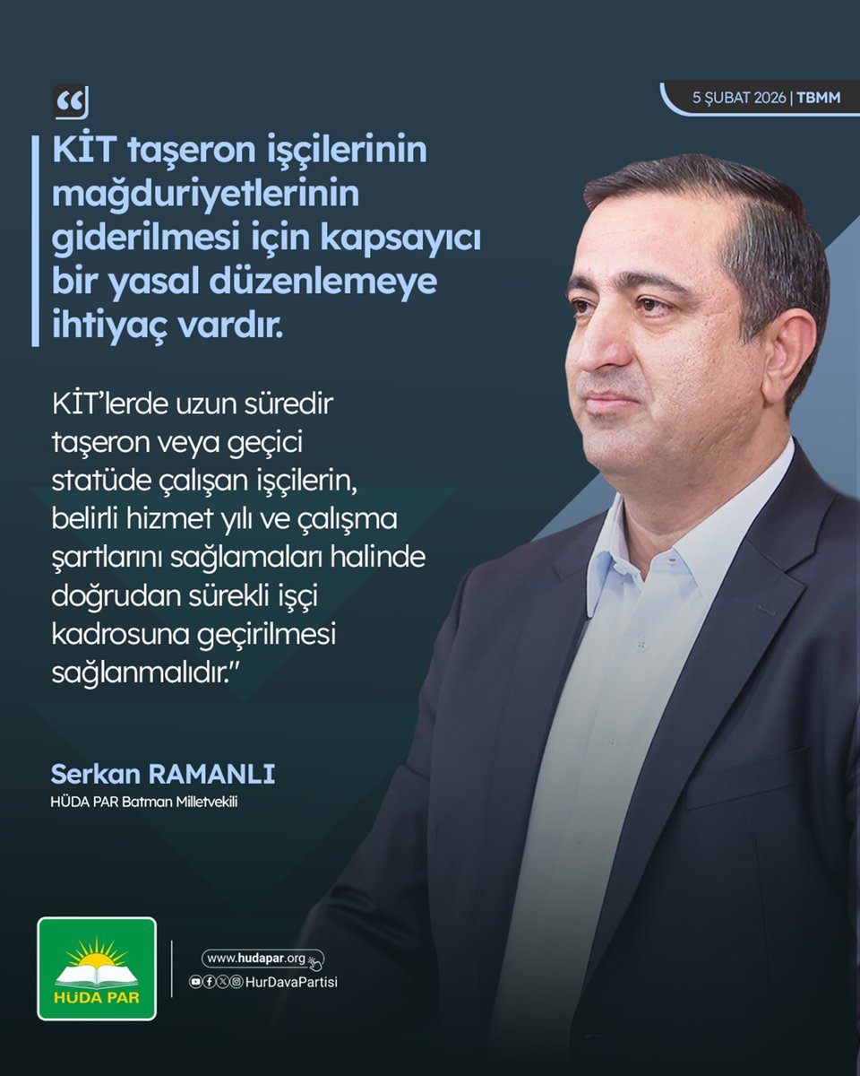 "KİT taşeron işçilerinin mağduriyetlerinin giderilmesi için kapsayıcı bir yasal düzenlemeye ihtiyaç vardır.

KİT’lerde uzun süredir taşeron veya geçici statüde çalışan işçilerin, belirli hizmet yılı ve çalışma şartlarını sağlamaları halinde doğrudan sürekli işçi kadrosuna