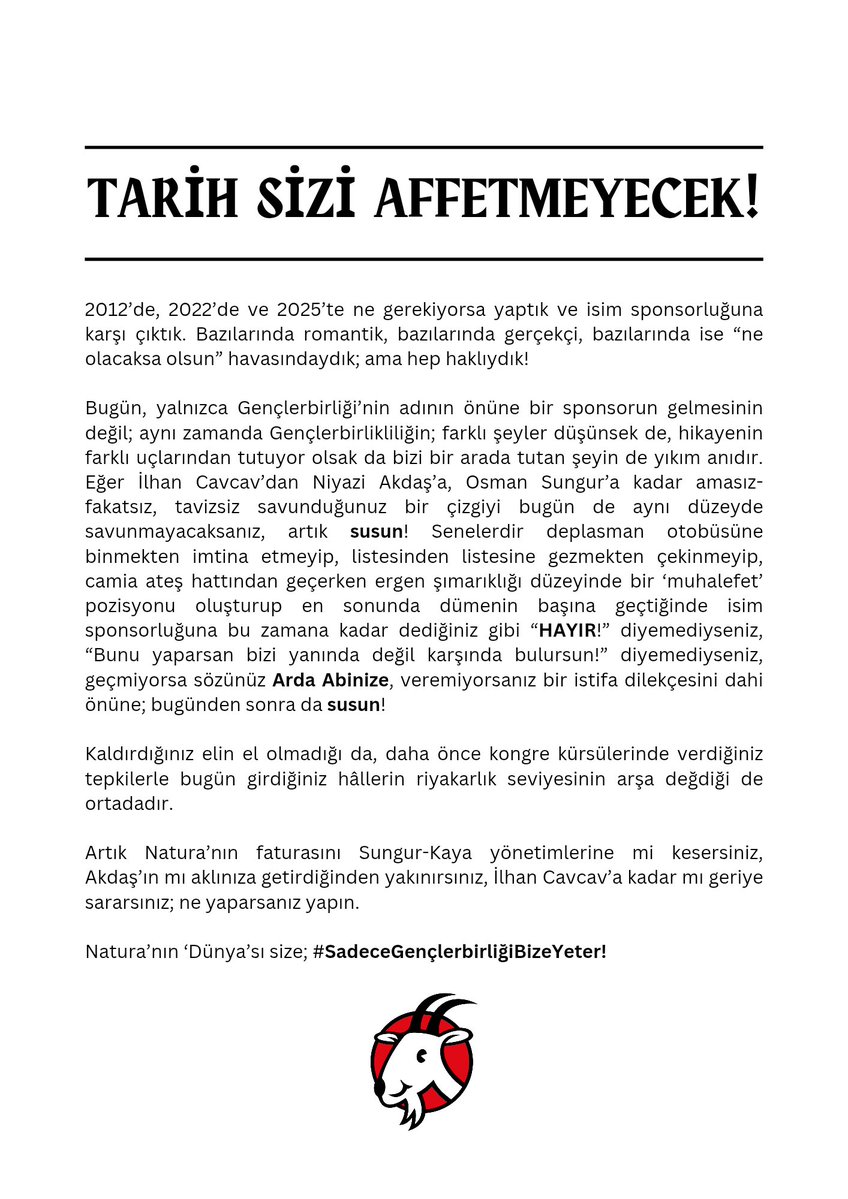 Alkaralar's tweet image. Natura'ın Dünyası size
#SadeceGençlerbirliğiBizeYeter

Tarih sizi affetmeyecek!