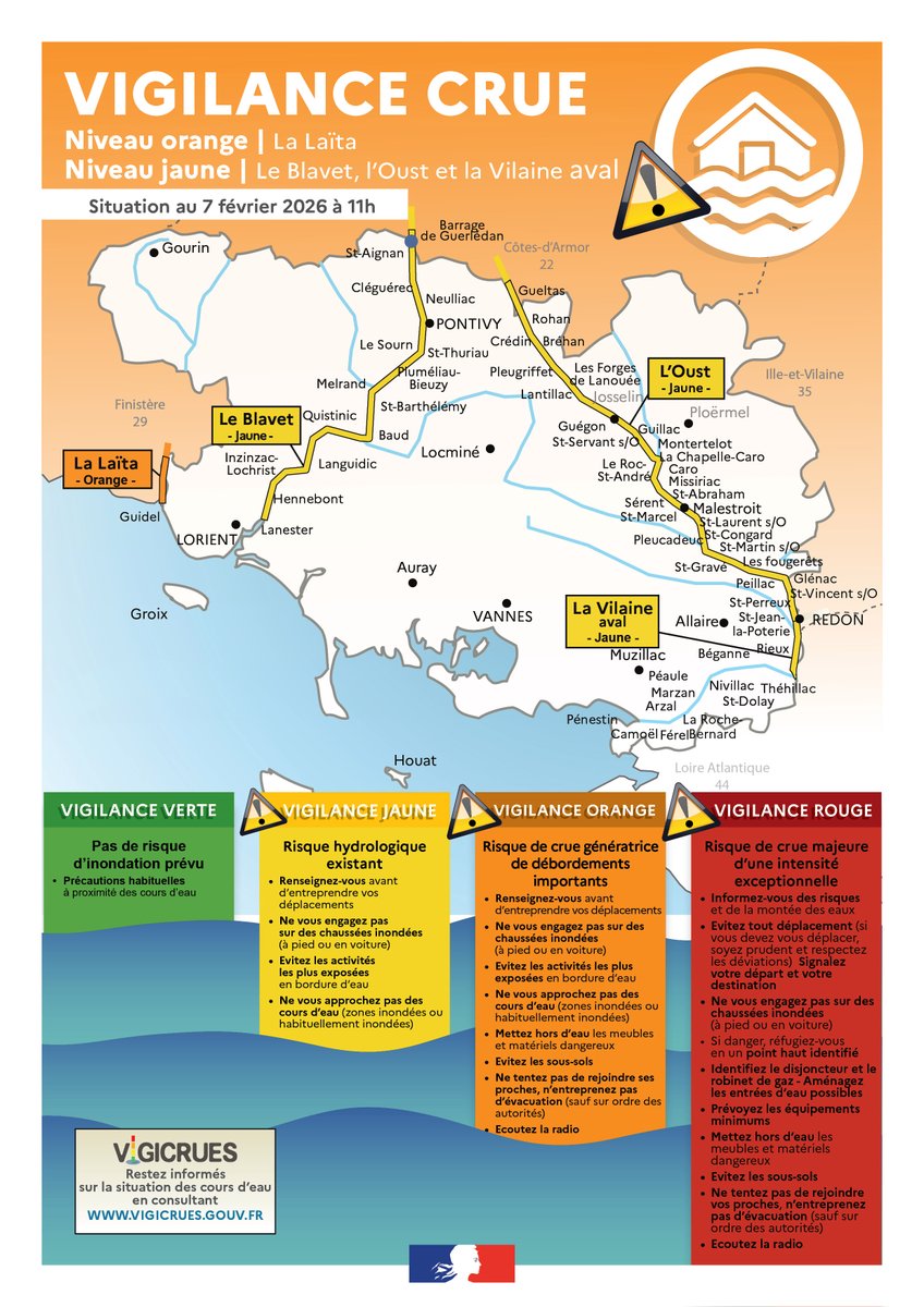 Image de Préfet du Morbihan - Vigilance crues |
Niveau Orange – La Laïta - 7 février 2026

Le préfet du Morbihan vous informe que 