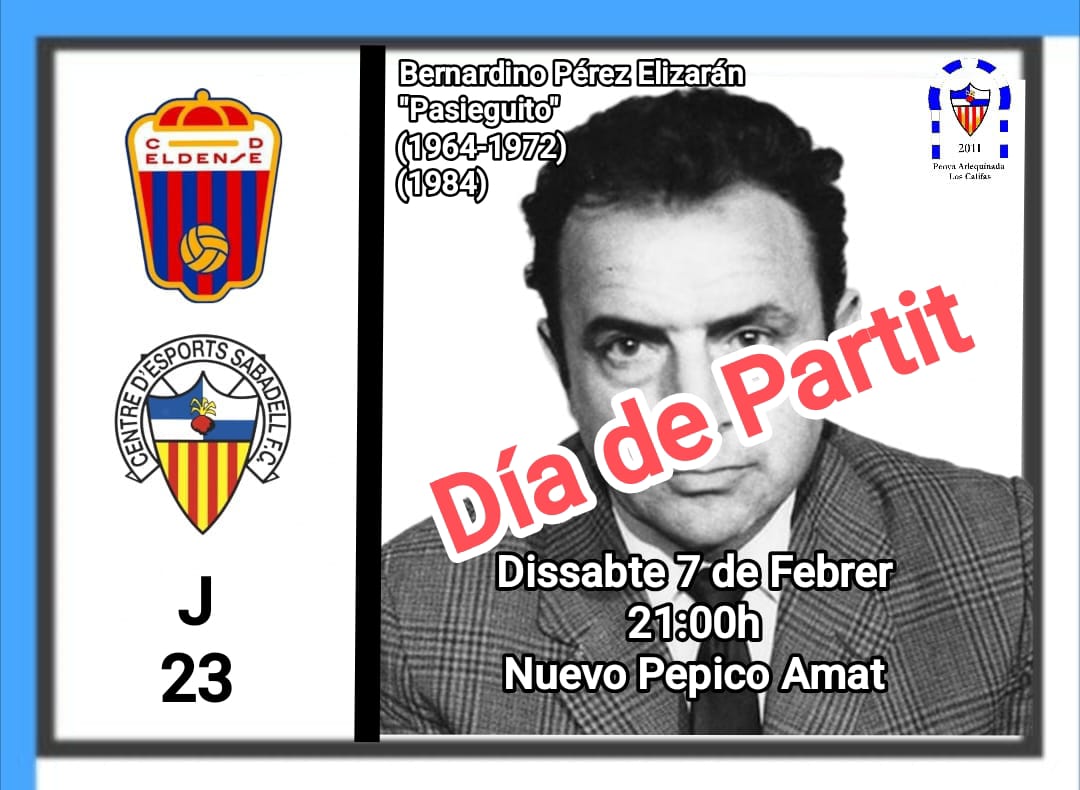 🚨 DÍA DE PARTIDO🚨 
⚽ <a href="/CESabadell/">CE Sabadell 🧅</a> / <a href="/CD_Eldense/">CD Eldense</a> 
🏟️ Nuevo Pepico Amat
🗓️ Sábado 7 de febrero 
🕘 21:00
📻 <a href="/RadioSabadell/">RàdioSabadell</a>
📺 <a href="/esport3/">Esport3</a>, <a href="/LaLigaPlus/">LALIGA+</a>, <a href="/FootballClub/">FootballClub</a> i Canal Lineal
#EldenseSabadell | #AMQM #SiempreFiel #PenyaLosCalifasCent45