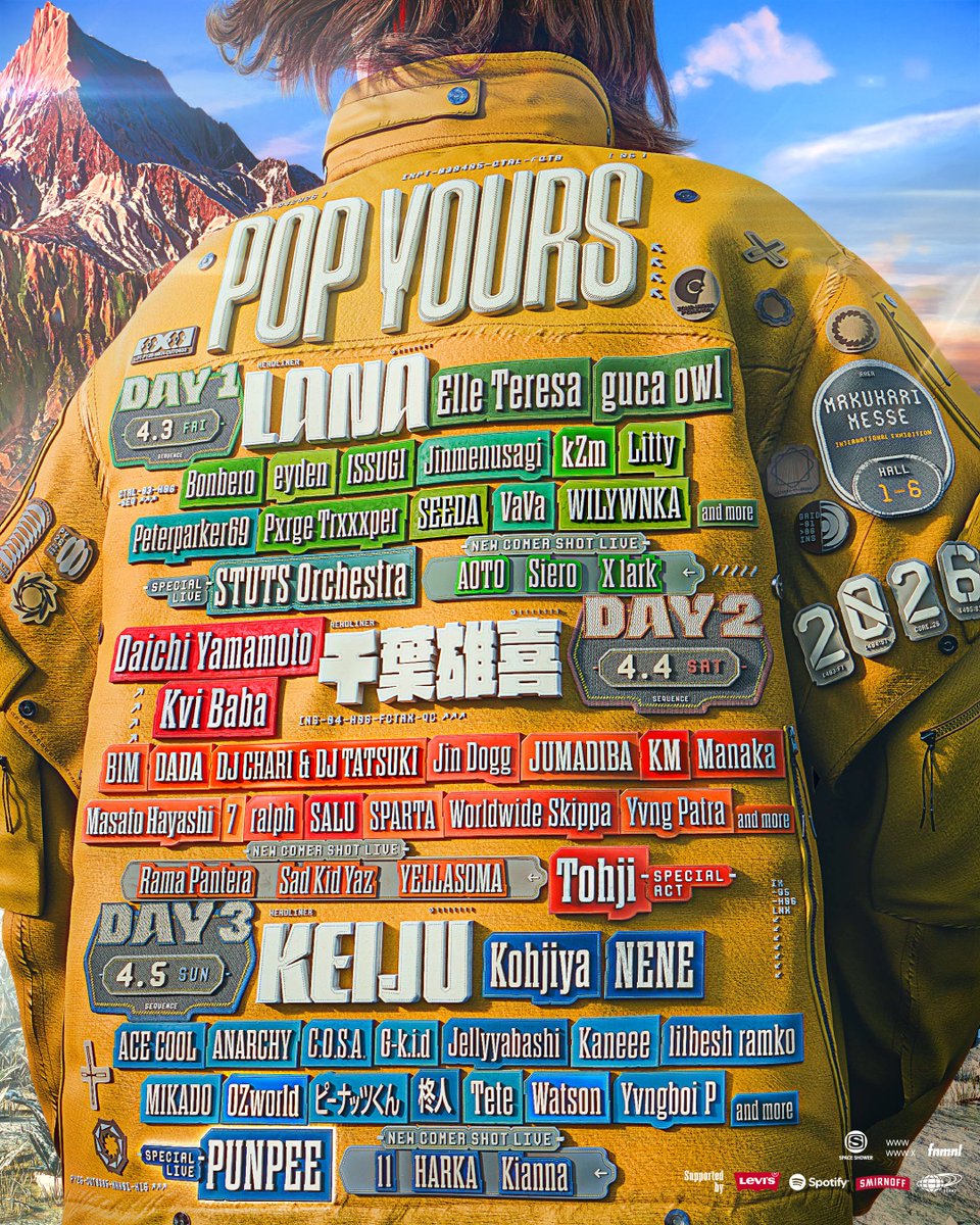 POP__YOURS's tweet photo. 【POP YOURS 2026】
💫4/5(日) DAY3出演アーティスト💫
HEADLINER：KEIJU @KEIJU_Official

Kohjiya
NENE @sophieespeech
ACE COOL @realacecool
ANARCHY @anarchy_tns
C.O.S.A. @COSA_info
G-k.i.d @gkid_breath 
Jellyyabashi 
Kaneee @kaneeebaby
lilbesh ramko @lilbeshramko
MIKADO
OZworld @OverZenith369 
ピーナッツくん @osyarenuts
柊人 @shuto_info_
Tete
Watson @imwatoson 
Yvngboi P @YvngboiP 

SPECIAL LIVE：PUNPEE @PUNPEE 🆕

NEW COMER SHOT LIVE
11 
HARKA @harkaspeed 
Kianna @Kiannaeyy_

…and more

📅チケット先行受付中（先着制）
2/5(木)20:00〜2/18(水)23:00
※予定枚数に達し次第終了

⏩https://t.co/5sJimEXCrJ