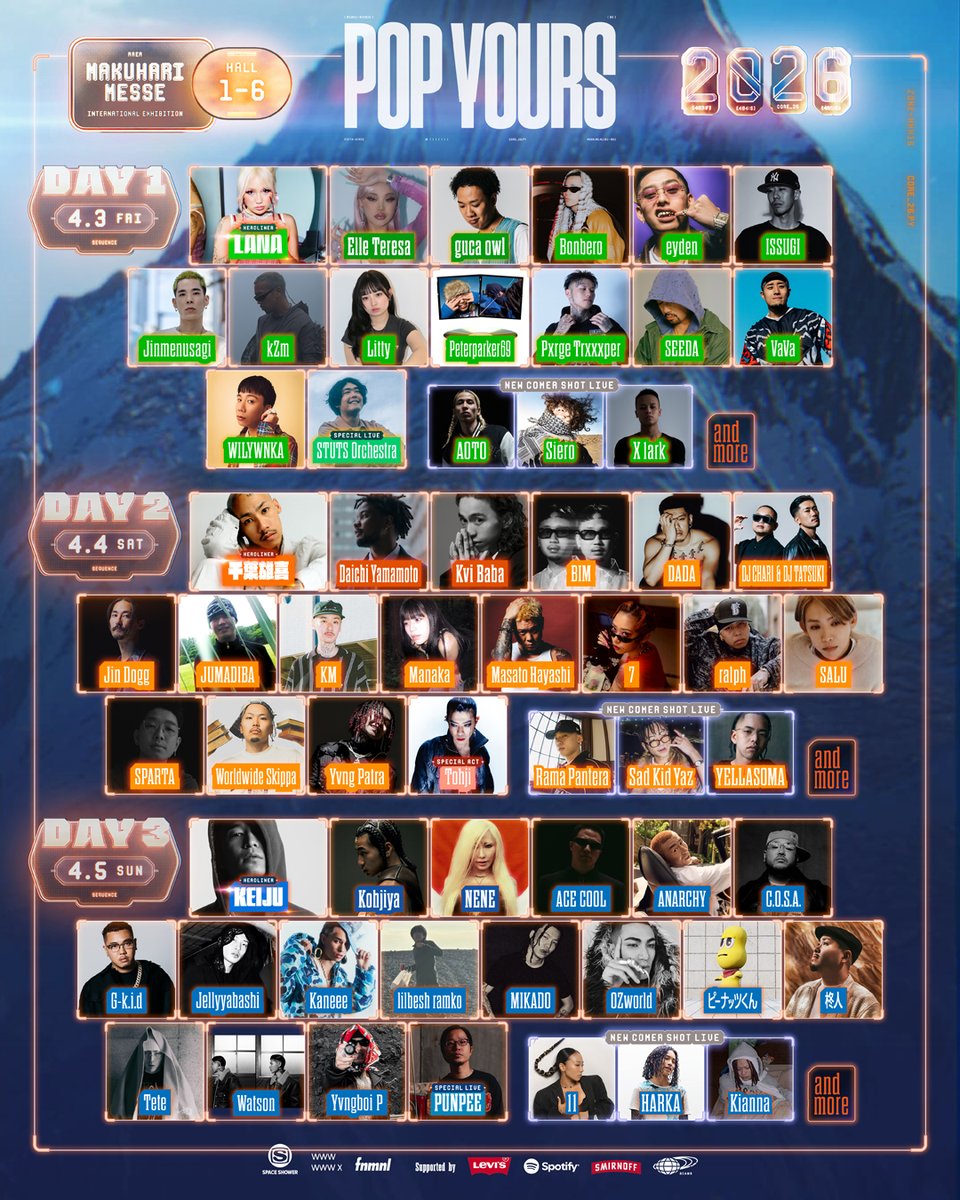 【POP YOURS 2026】
💫4/5(日) DAY3出演アーティスト💫
HEADLINER：KEIJU <a href="/KEIJU_Official/">KEIJU</a>

Kohjiya
NENE <a href="/sophieespeech/">IamrealNENE</a>
ACE COOL <a href="/realacecool/">ACE COOL</a>
ANARCHY @anarchy_tns
C.O.S.A. <a href="/COSA_info/">C.O.S.A. info</a>
G-k.i.d <a href="/gkid_breath/">G-k.i.d</a> 
Jellyyabashi 
Kaneee <a href="/kaneeebaby/">Kaneee</a>
lilbesh ramko <a href="/lilbeshramko/">Ramko Helvetica</a>
MIKADO
OZworld