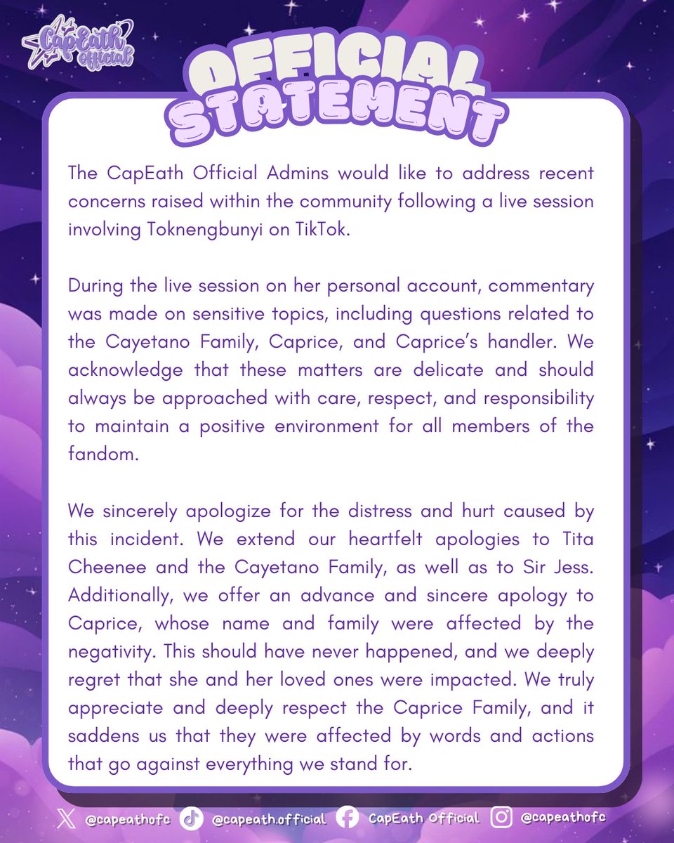 CapEathOfc's tweet image. WE SINCERELY APOLOGIZE 

This is our official statement regarding the recent issue. Thank you for your patience and understanding.

— CapEath Official Admins💜
#CapEath