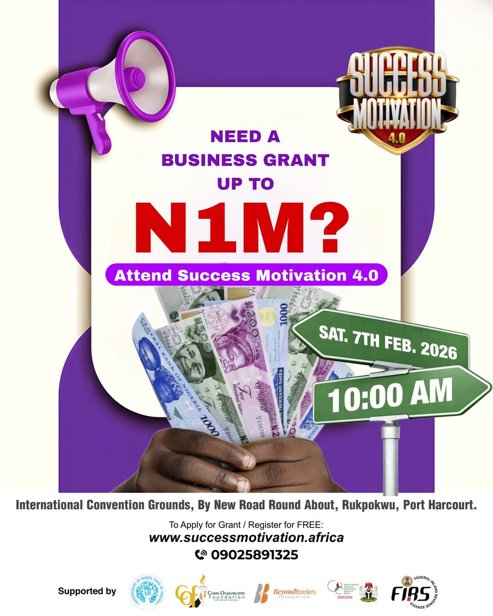 PH_Socials's tweet image. Need A business Grant up to N1,000,000? 

Attend Success Motivation 4.0

#SuccessMotivation
#SM4.0
#Manifestation
#BeyondBorders
#Ceconventiongroundsph