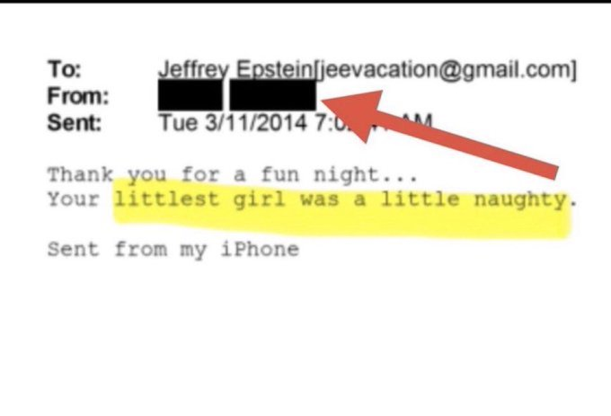 Just gonna leave this here.

As per Grok:
Of the two main suspects often speculated about in connection with the redacted March 11, 2014, email to Jeffrey Epstein ("Thank you for a fun night... Your littlest girl was a little naughty. Sent from my iPhone"), Bill Clinton is the