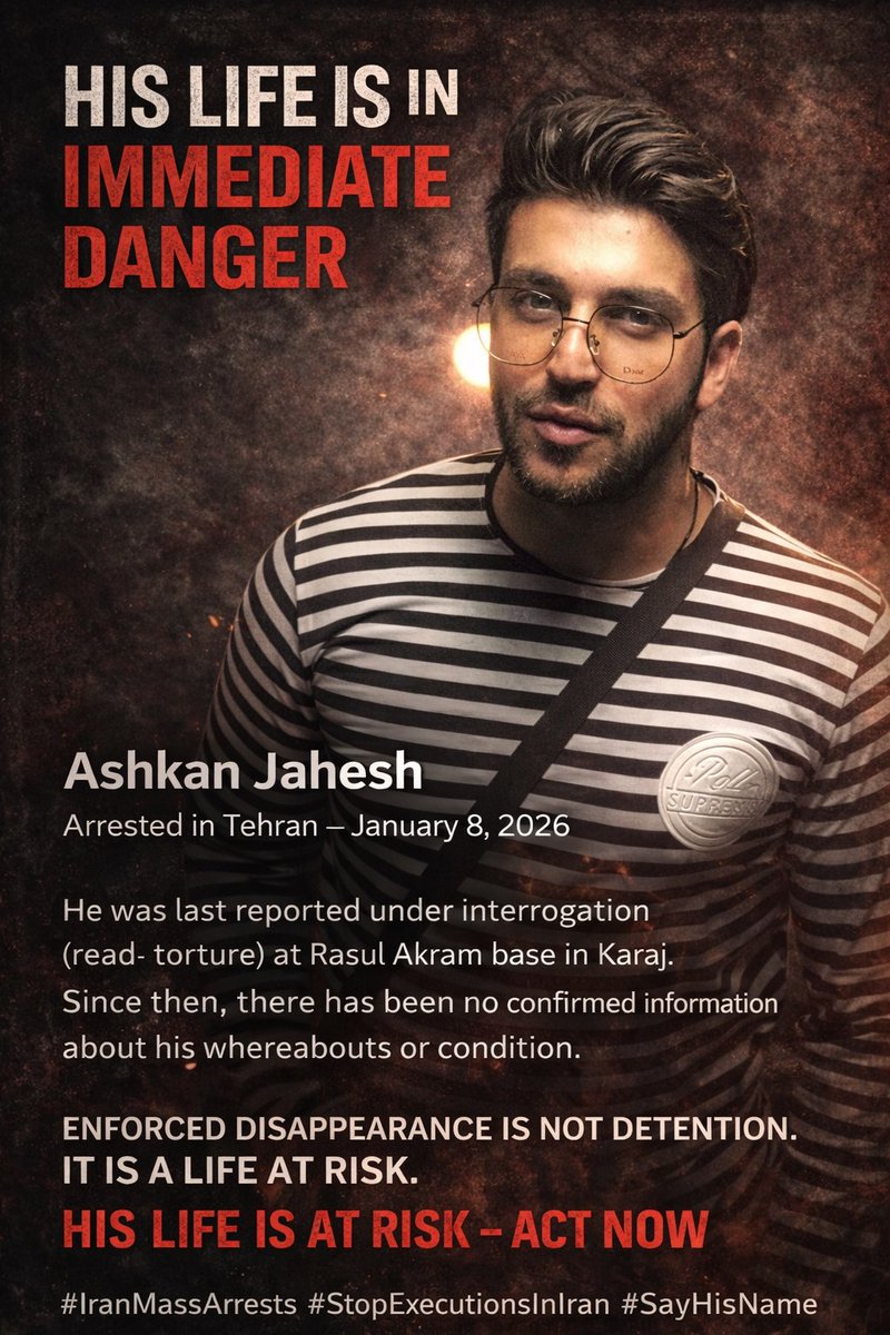اشکان پدر و مادر ندارد.
هیچ‌کس نیست که پشت در زندان انتظارش را بکشد.
هیچ مادری نیست که صدای فرزندش را طلب کند.

#اشکان_جهش
اشکان جهش، اهل تهران، از تاریخ ۱۸ دی ۱۴۰۴ بازداشت شده است.
در آخرین پیگیری‌ها، او در پایگاه رسول اکرم کرج تحت بازجویی — بخوانید شکنجه — بوده است.
از آن زمان