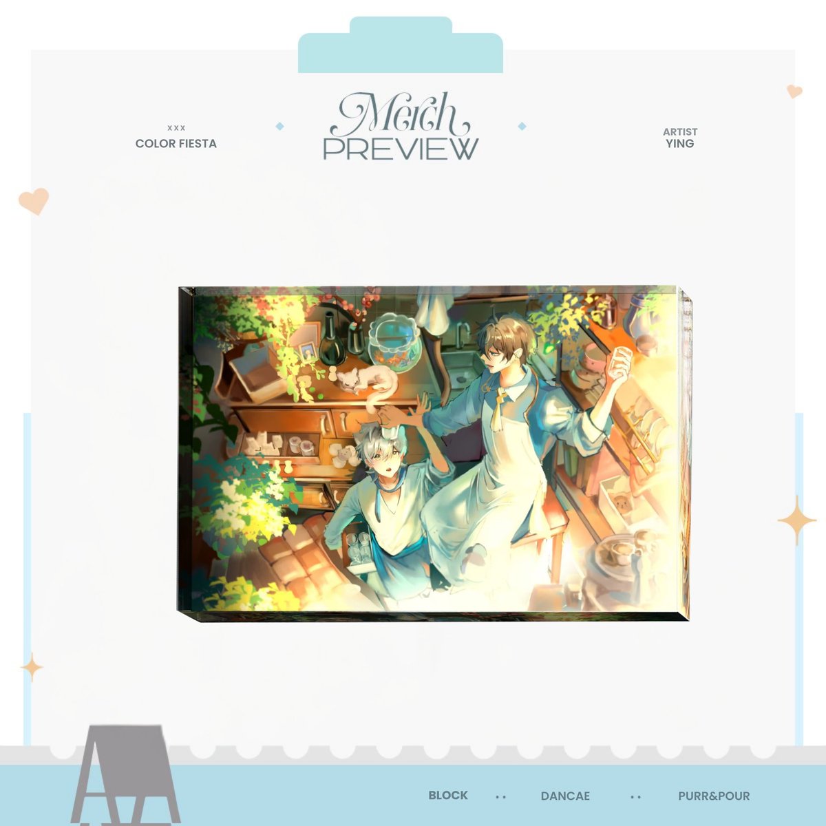 ◤Merch Preview◢
Another merch item is ready to be introduced to our lovely customers at PURR&amp;POUR Cafe ✨
This time, it’s a block capturing a cute and sweet moment of our beloved couple during their everyday activities at the cafe!
___
Artist: Ying
#DanCaeitabooth