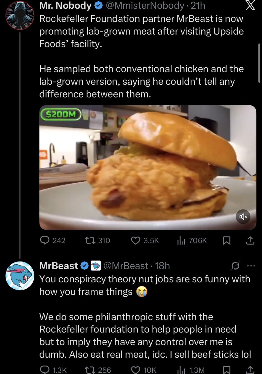 Awk20000's tweet image. MrBeast responds after going viral for his connection to the Rockefeller Foundation &amp;amp; lab-grown meat

“You conspiracy nut jobs are so funny with how u frame things..we do some philanthropic stuff with the Rockefeller foundation..but to imply they have any control over me is dumb”