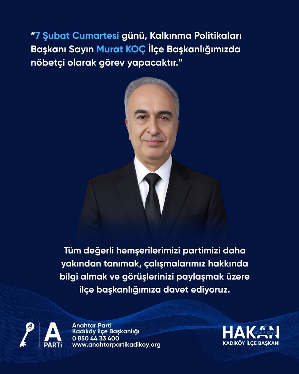 apartikadikoy's tweet photo. 7 Şubat Cumartesi günü, Kalkınma Politikaları  Başkanı Sayın Murat KOÇ İlçe Başkanlığımızda nöbetçi olarak görev yapacaktır Tüm hemşerilerimizi partimizi daha yakından tanımak, çalışmalarımız hakkında bilgi almak ve görüşlerinizi paylaşmak üzere ilçe başkanlığımıza davet ediyoruz https://t.co/MXPnANE69j