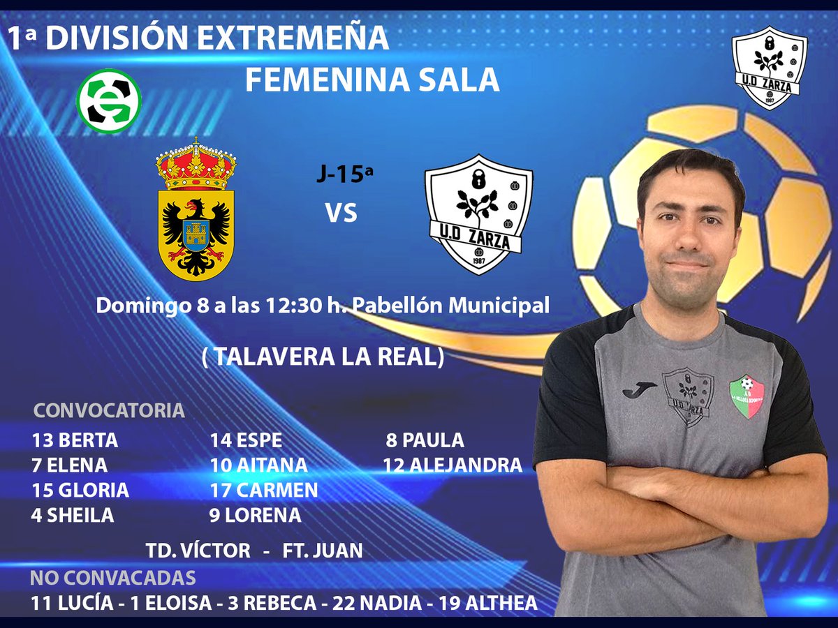 📝 Información ofrecida por <a href="/udzarza/">udzarza</a> 
Liga Provincial Femenina Senior

Jornada 15
EMD Talavera vs U.D. Zarza
Domingo 08 a las 12:30 h. 
Pabellón Municipal Talavera la Real 

No convocadas; Lucía, Eloísa, Rebeca, Nadia y Althea.

!Disfrutemos del Fútsal!

@talavera_futsal_femenino