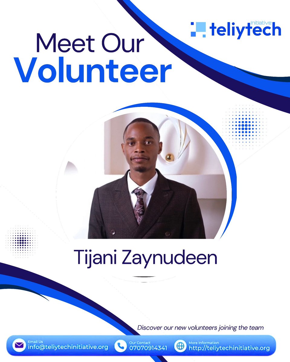 Meet Zaynudeen Tijani, Social Media Manager at TeliyTech Initiative 👋
 A strong team player passionate about using digital platforms to create access and opportunities for young people.
#TeliyTechInitiative #MeetOurVolunteers #TechForImpact