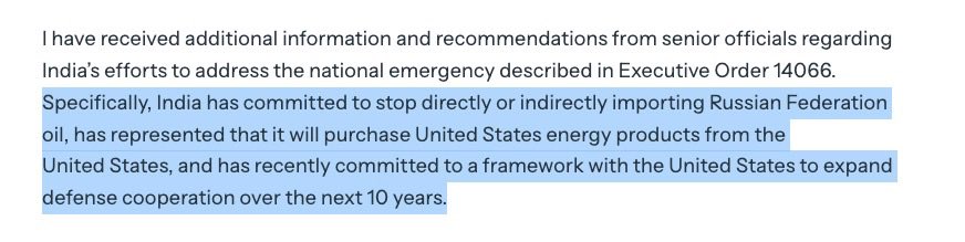 In his executive order removing the punitive tariff of 25 percent, Trump repeats claim that India has agreed to stop purchase of Russian Oil and says the option for reintroducing the tariff remains if the imports resume. NOTE - India has NOT yet responded to this claim by Trump