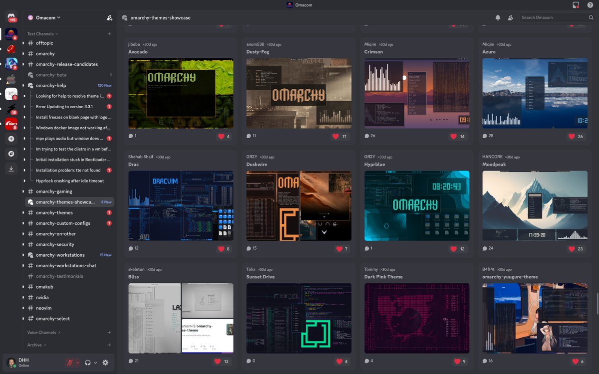 It's amazing how many Omarchy themes the community has come up with. Love that we've made it so easy that a single colors.toml file can apply to Ghostty, Chromium, Mako, SwayOSD, Waybar, and everything else. And <a href="/iamdothash/">Bjarne Øverli</a>'s Aether app makes previewing a bliss. Love it.
