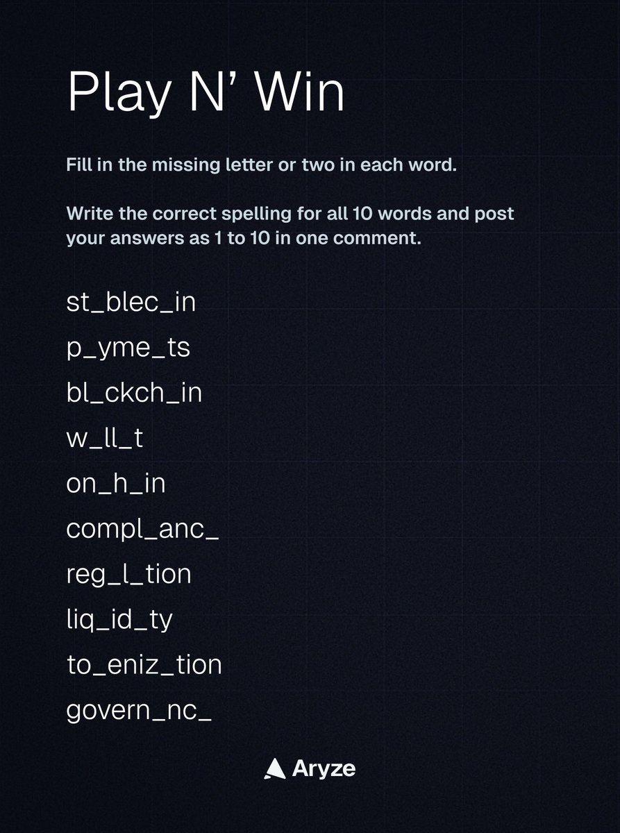 Play n’ win $250 RYZE 💸 10 winners 🏆

Ready for a quick Aryze word puzzle? 🧠✨

Fill in the missing letters (1-10) and drop your answers in the comments 👇

To enter:
1.Follow <a href="/AryzeOfficial/">Aryze</a> ✅ + join Telegram: t.me/ARYZEofficial 📲

2.RT this 🔁 + tag 1 friend 👯