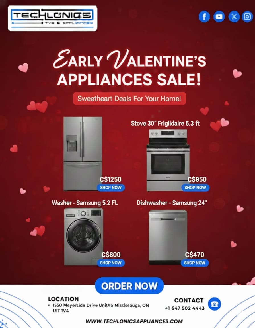 techlonics87578's tweet image. Early Valentine’s Appliances Sale!❤️
Sweet deals on fridges, stoves, washers &amp;amp; dishwashers

✔️ Top brands at valentine-special prices
✔️ Upgrade your home &amp;amp; save big

📍 Visit us in Mississauga
🌐 techlonicsappliances.com

#TechlonicsAppliances #ValentinesSale