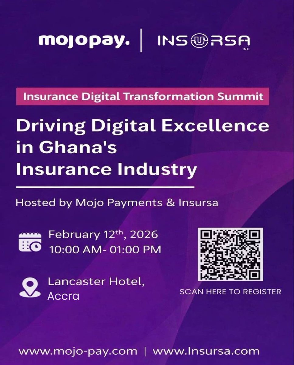 Insurance is evolving, and digital capability is now essential.

#MojoPay and Insursa are convening industry leaders to explore practical digital transformation in Ghana’s insurance sector.

Register here: bit.ly/MojoPayXInsursa

#InsurTechGhana #DigitalTransformation #Insurance
