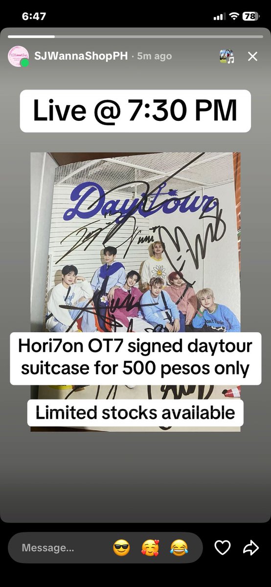 SJWannaShop's tweet photo. Live today at 7:30 pm 

HORI7ON OT7 signed daytour suitcase for 500 pesos only

Limited time only for a limited stocks

Follow us on our tiktok account

https://t.co/KEYRtxZbN3 https://t.co/WXZvMGeWQG