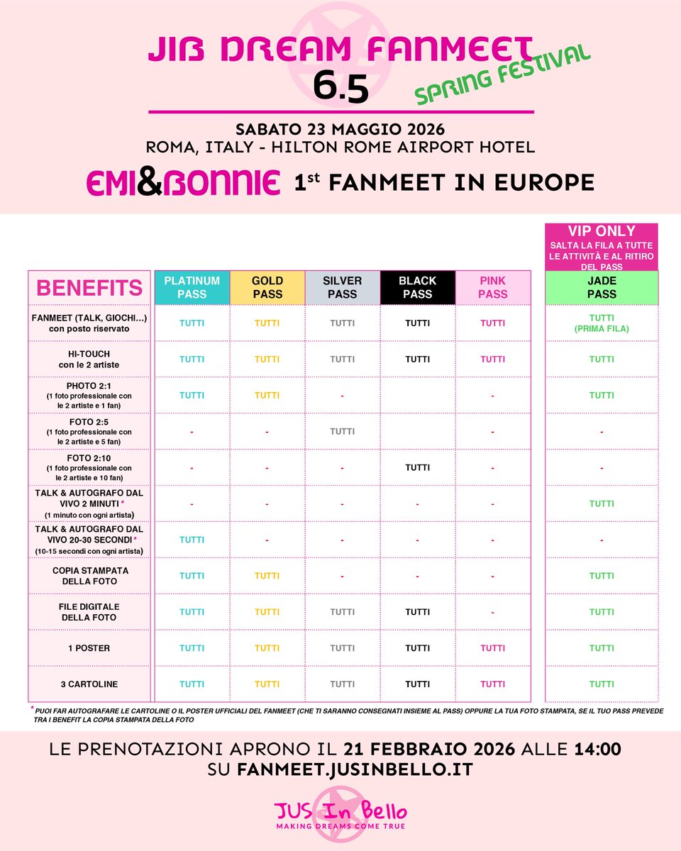 JusInBelloCon's tweet photo. Here we are with the awaited details for Emi&Bonnie’s JIB Dream fanmeet.

🩷 Pink Pass 60€
🖤 Black Pass 120€
🩶 Silver Pass 195€
🧡 Gold Pass 275€
💛 Platinum Pass 435€
💚 Jade Pass 675€

➡️ Bookings will open on 21 February 2026 at 2:00 pm CET
Passes available only on https://t.co/AR99refPmH under BOOKINGS

📌 As always, don’t worry, you can attend all fanmeets that day; the activities are scheduled at different times, so they won’t overlap.

#JIBDreamFanmeet6_5
#EmiBonnie1stFMinEurope
#EmiBonnie #GMMTV #GLseries