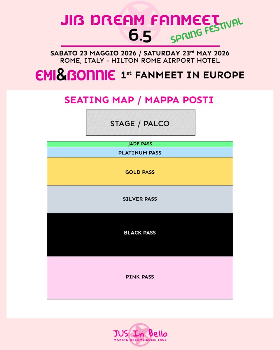 JusInBelloCon's tweet photo. Here we are with the awaited details for Emi&Bonnie’s JIB Dream fanmeet.

🩷 Pink Pass 60€
🖤 Black Pass 120€
🩶 Silver Pass 195€
🧡 Gold Pass 275€
💛 Platinum Pass 435€
💚 Jade Pass 675€

➡️ Bookings will open on 21 February 2026 at 2:00 pm CET
Passes available only on https://t.co/AR99refPmH under BOOKINGS

📌 As always, don’t worry, you can attend all fanmeets that day; the activities are scheduled at different times, so they won’t overlap.

#JIBDreamFanmeet6_5
#EmiBonnie1stFMinEurope
#EmiBonnie #GMMTV #GLseries