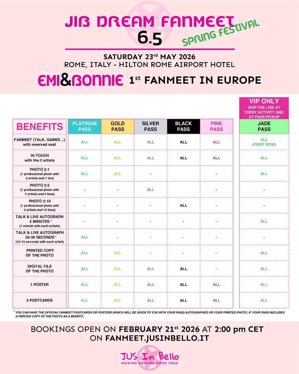 JusInBelloCon's tweet photo. Here we are with the awaited details for Emi&Bonnie’s JIB Dream fanmeet.

🩷 Pink Pass 60€
🖤 Black Pass 120€
🩶 Silver Pass 195€
🧡 Gold Pass 275€
💛 Platinum Pass 435€
💚 Jade Pass 675€

➡️ Bookings will open on 21 February 2026 at 2:00 pm CET
Passes available only on https://t.co/AR99refPmH under BOOKINGS

📌 As always, don’t worry, you can attend all fanmeets that day; the activities are scheduled at different times, so they won’t overlap.

#JIBDreamFanmeet6_5
#EmiBonnie1stFMinEurope
#EmiBonnie #GMMTV #GLseries