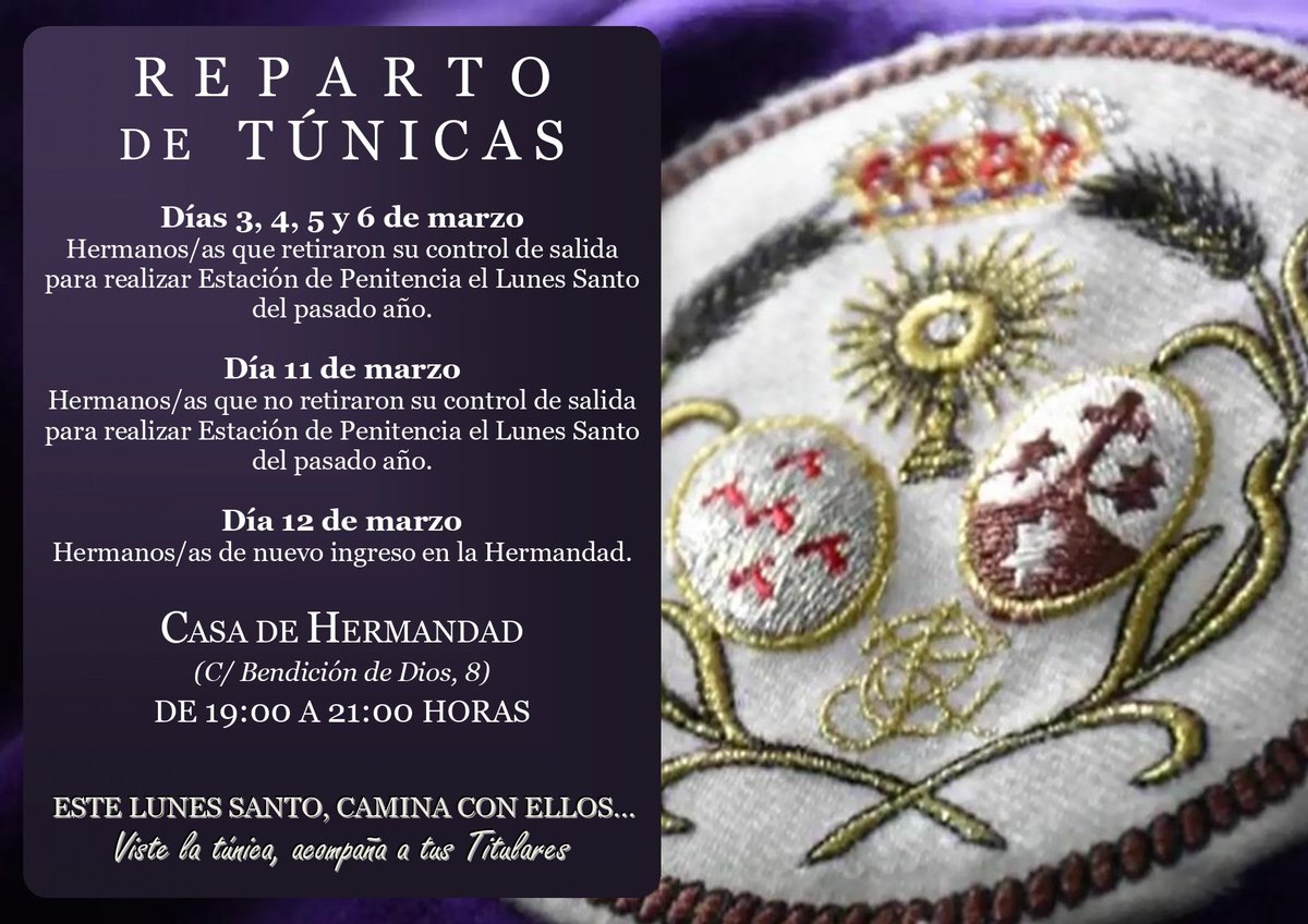 REPARTO DE TÚNICAS Y CONTROLES DE SALIDA

No olvides rellenar el siguiente formulario, antes del 20 de febrero, para dar cuenta de tu interés en acompañar a nuestros Titulares: forms.gle/ZfwGcjUxWgyKbB…

Viste la túnica, acompaña a tus Titulares.