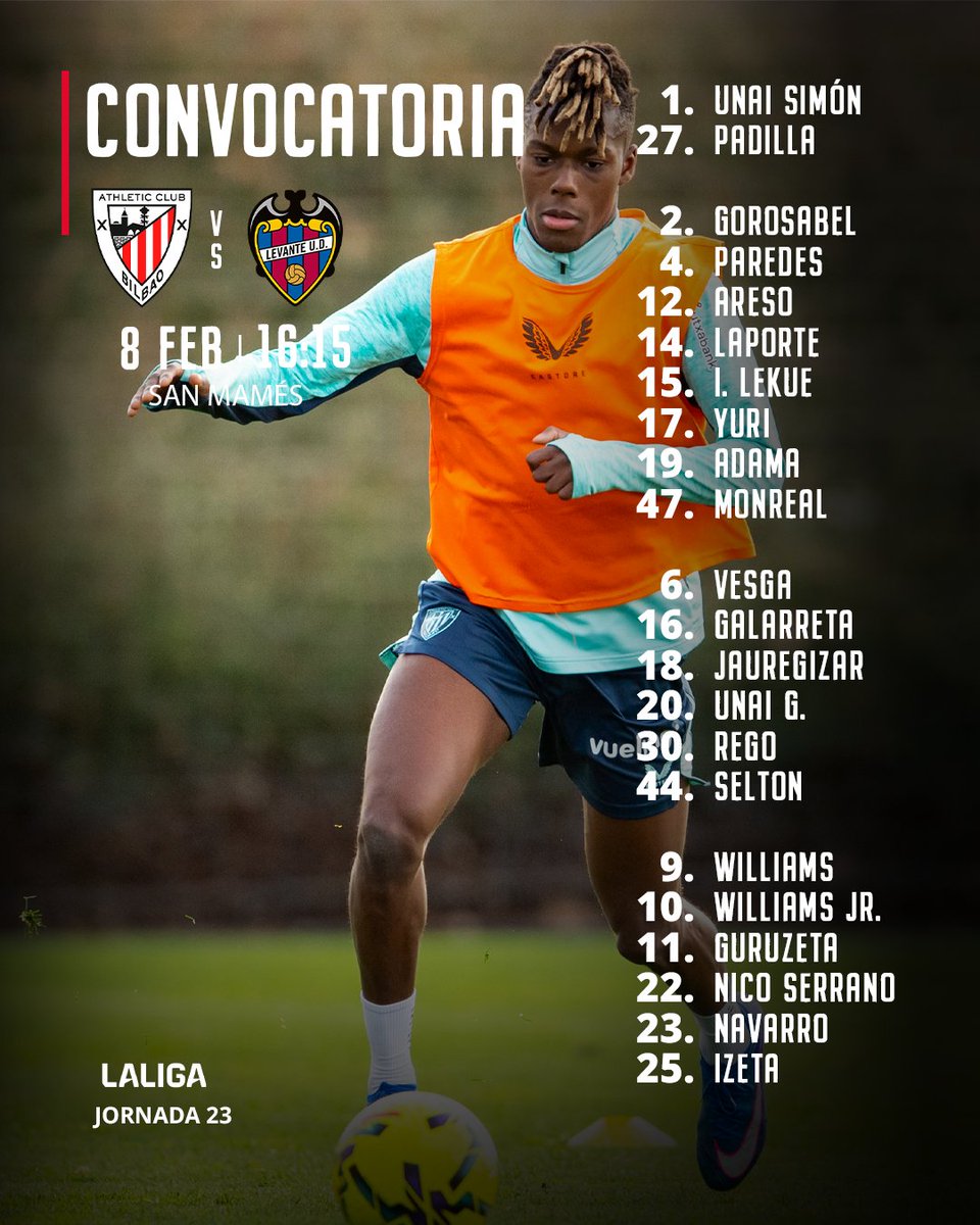 🗒 𝗖𝗢𝗡𝗩𝗢𝗖𝗔𝗧𝗢𝗥𝗜𝗔

Ernesto Valverde cita a 2️⃣2️⃣ jugadores para el partido de mañana (16:15h) ante el <a href="/LevanteUD/">Levante UD</a> en San Mamés.

#AthleticLevanteUD #AthleticClub 🦁