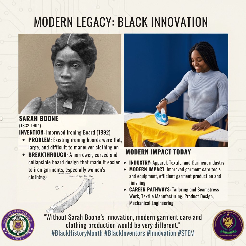 Day 7 of our Black History Month series highlighting Black innovation that still moves the world forward. Sarah Boone improved the ironing board, making garment care more efficient and supporting modern clothing production and textile industries.

#BHM #STEM #BlackInnovation