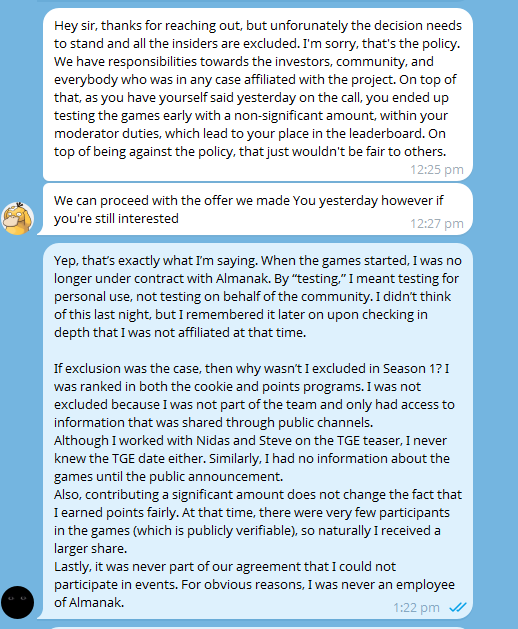 Magicianafk's tweet photo. Breaking the silence after months about @almanak, after keeping it for long

How I got scammed for over 30k from them and how they scammed millions from other community members.

Some of you might already know how they rugged ICO participants and YT buyers. The token was launched around 150m and was instantly sent to below 10m after a few days. They blamed the ICO participants for dumping, but they never stated it was their market maker whom they asked to dump the token at TGE for them for cash.

Since claims were delayed for the community because their claim process was shitty and broken, they forced people to stake tokens and then dumped the token.

They have a shell company that controls the token called "Algo Theory INC" for anyone wanting to know.

They also held two sale rounds, raising over 3m from retail on different FDV up to 100m, just to dump on them via market maker at TGE and blame the retail investors.

They also rugged YT buyers. They constantly shilled it to people to buy YT because breakeven was lower FDV.

After dumping on people in just a few days, they showed people that they are here to build and will keep building the product. But at the same time, they fired the entire team of engineers and other core team members. Now they are just founders and a few lower staff, just to show the world they did not scam anyone and are "building," lol

how do i know all that? because i was working with them for a few months on a contract basis for community moderation (and i was also let go with others on dec 14, 2025).

now here is how i got scammed over 30k:

i invested 5k in sale and another 5k in yt. these were my financial decisions i don't blame anyone for that.

but i recently got scammed again. they started the Almanak games a few days after, where anyone can run their pre-made strategies by buying/lping Almanak tokens in different ways. there was a points system, and it ran for like 2 months. i ended up being #1 on the token points lb, which had 1.5% of the tts pool, and #3 on the stablecoin points LB, which had a 50k USDC pool.

as the games were ending, i was approached and was told they wanted to have a call with me about Almanak games. i thought it would be some sort of feedback. one of their co-founders, @Panluq aka Lukas, was there and he told me i am an insider and won't get any rewards for Almanak, offering me only 1500 USDC. i said it's disrespectful and cut the call because, in reality, i was eligible for around 20k USDC, even more. after checking, i saw people who were lower than me got around 30k.

i reached out to @NeoAlmanak but he never responded back. i also reached @0xLars_, who said he knew nothing and would get back to me, but he never did.

Meanwhile, I tried to continue talking to Lukas on TG and email about how I am an insider. Then he changed his words and said I was in contract with them, so I am not eligible. I confronted him because it was never part of the agreement we made. He never got back to me. I also left an email, and from his alt account, which he also manages under "Algo Theory INC" as mentioned above, he reached out to me and said our TOC stated anyone who worked with us wouldn't be eligible, again changing his words. Though Algo Theory is the entity controlling tokens and not rewards, since I used Almanak Co, which is a software company, their strategies. I also asked where our TOC is because they aren't public or available.

https://t.co/e2LEvOwh0z

After that, he never replied back. Now today, the claim went live, and I am not eligible for a 3M coin. I have over 0.04% supply I bought during games, spending over 3K more than anyone else who participated in the game because I started buying when games started and the coin was around 40M FDV.

Attaching screenshot as proof. For now, I have more things to say but am still holding them back

you might find my past tweets on how i was bull posting it, but i never knew they could scam everyone. sorry to anyone who invested or bought Yt after seeing me :(