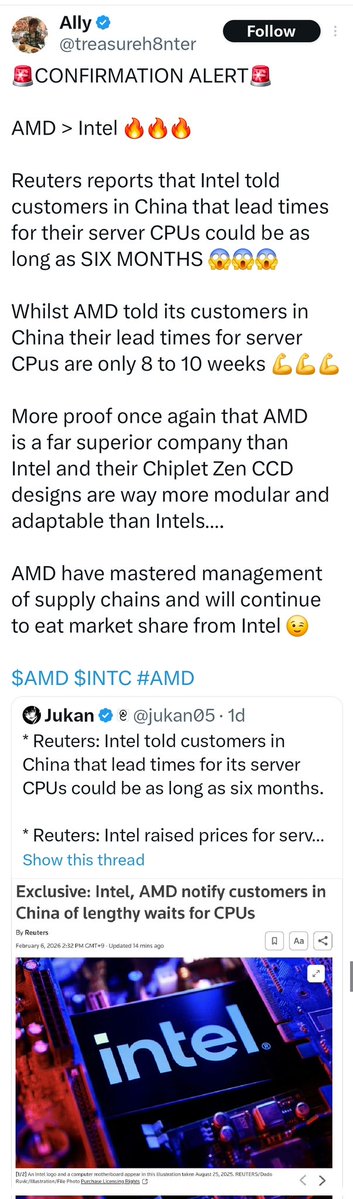 Mojo_flyin's tweet image. A 🧵

There is rampant misinformation going around on the $INTC &amp;amp; $AMD DC CPU lead times coming out of #China cos people don't understand how the semi biz works

1. $INTC still out ships $AMD on DC CPUs by revenue

🧵/1