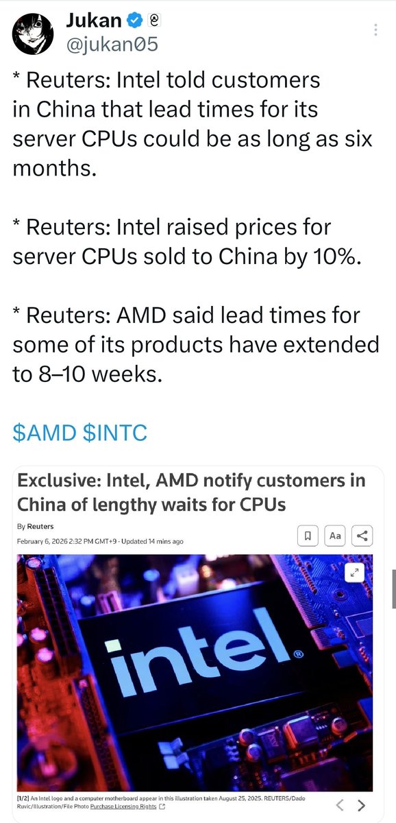 Mojo_flyin's tweet image. A 🧵

There is rampant misinformation going around on the $INTC &amp;amp; $AMD DC CPU lead times coming out of #China cos people don't understand how the semi biz works

1. $INTC still out ships $AMD on DC CPUs by revenue

🧵/1