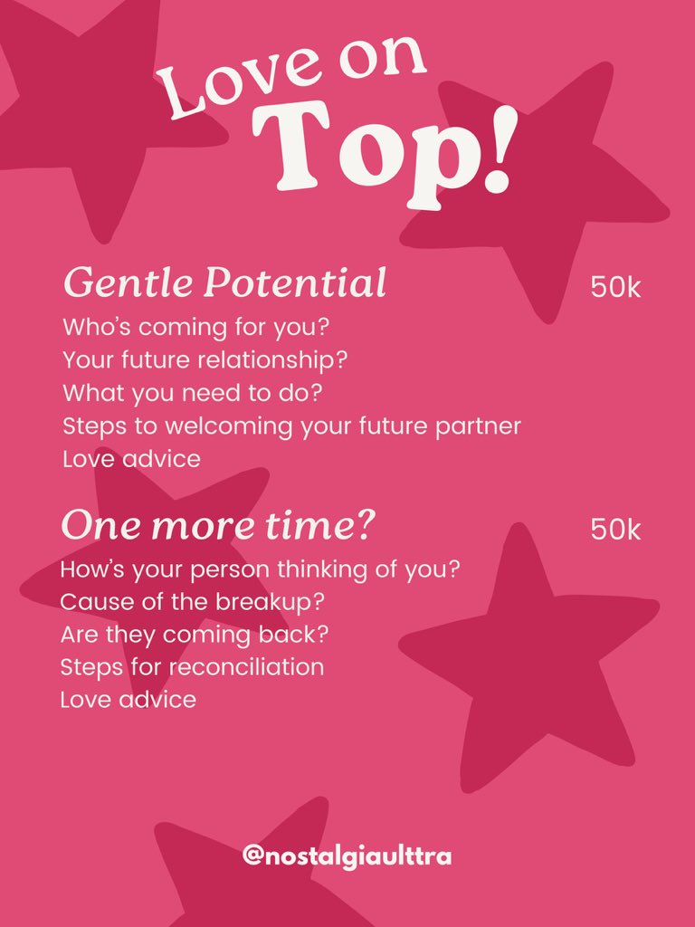 nostalgiaulttra's tweet image. km galauin mantanmu atau penasaran sama perasaan crush-mu? 🥹

TENANGGGG! aku ada solusinyh…! cobain Love on Top package ;3 dengan 50k kamu dah dapet 5q sesuai package loh! kindly hmu if you’re interested 🌟💕

⭐️ fsr on whatsapp! ⭐️

t. mau jasa baca tarot reading #zonauang