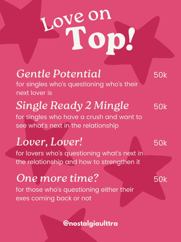 nostalgiaulttra's tweet image. km galauin mantanmu atau penasaran sama perasaan crush-mu? 🥹

TENANGGGG! aku ada solusinyh…! cobain Love on Top package ;3 dengan 50k kamu dah dapet 5q sesuai package loh! kindly hmu if you’re interested 🌟💕

⭐️ fsr on whatsapp! ⭐️

t. mau jasa baca tarot reading #zonauang