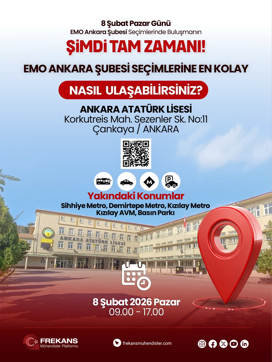 frekansmuhendis's tweet photo. 🗳️EMO ANKARA ŞUBESİ SEÇİMLERİNE EN KOLAY NASIL ULAŞABİLİRSİNİZ?

Şimdi Tam Zamanı! 
Gelin, oyumuzla geleceğimizi değiştirelim!

🗓️8 Şubat 2026 Pazar
⏰ 09.00 - 17.00
📍 Ankara Atatürk Lisesi (Korkutreis Mah. Sezenler Sok. No:11 Sıhhiye / Çankaya)

#EMOAnkara #SeçimZamanı #8Şubat #FrekansMühendislerPlatformu