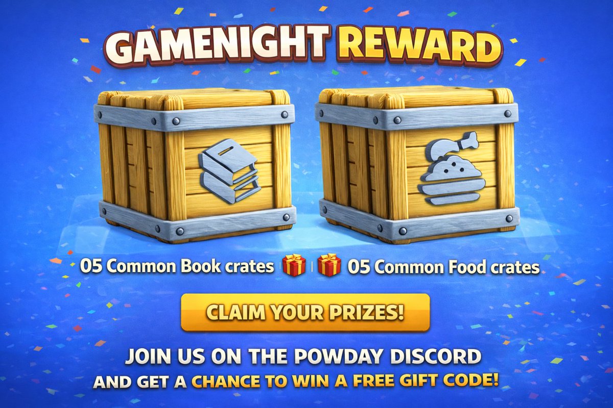 🎮 GAMENIGHT REWARD <a href="/PowdayOfficial/">Powday Farm - “Play Hard. Earn Smart.”</a> 

🎁 Each prize is 1 Gift Code containing:

📚05 Common Book Crates 
🍖05 Common Food Crates

👉 Join us on the Powday Discord
discord.gg/d6DZnsFY

👉 Get a chance to win a FREE Gift Code!