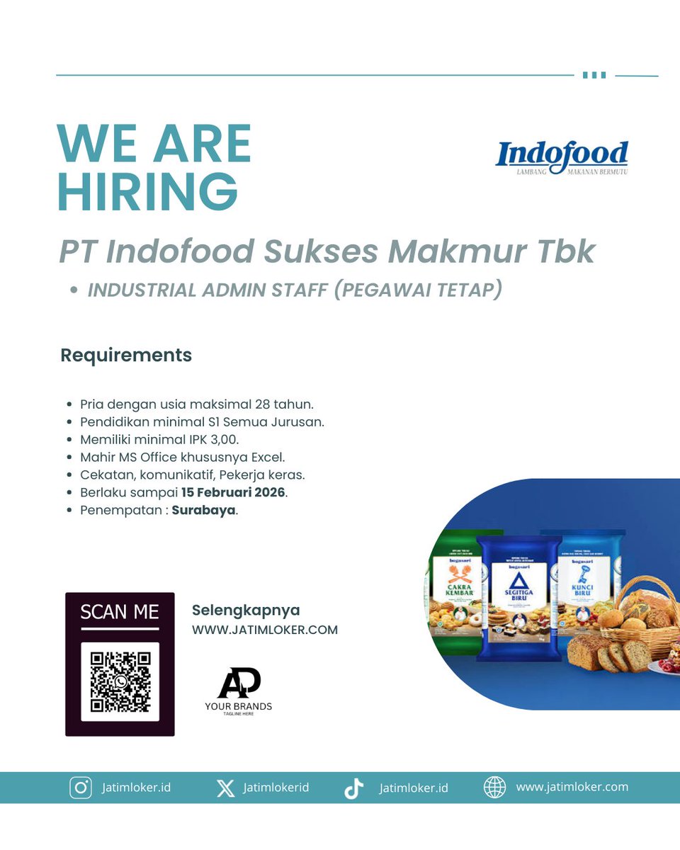 Jatimlokerid's tweet photo. Lowongan kerja Bogasari dengan penempatan di Surabaya. Informasi selengkapnya silahkan buka Website Jatim Loker. 

Jangan lupa follow akun IG kami untuk mendapatkan info seputar loker jatim.
#lokerterbaru #lokerterupdate #lokersurabaya #lokersurabaya2026 king indo #TimnasFutsal https://t.co/OesHnubclT