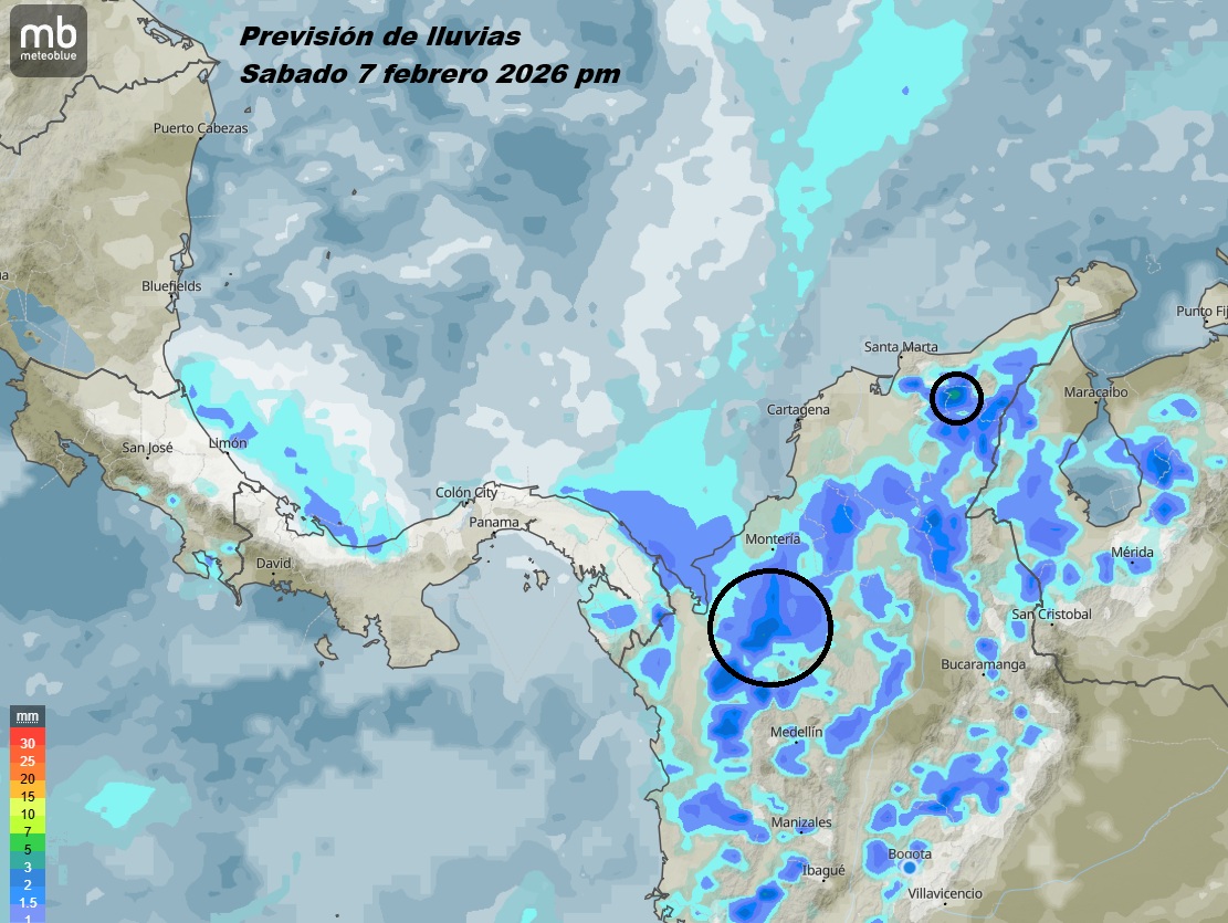Los modelos numericos indican la posibilidad de más lluvias en las partes altas de los ríos Sinú y San Jorge en la tarde y noche de hoy sabado 7 de febrero de 2026