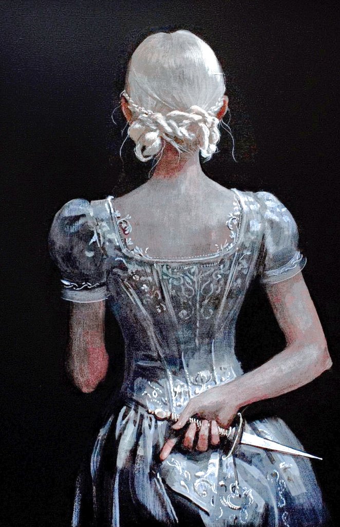 Nacida en China y formada en las Bellas Artes de París, la técnica de Dongni Hou es impecable. El contraste de texturas es su firma: el brillo frío del acero junto a la suavidad de un peinado romántico. Parece una metáfora visual sobre la resistencia.