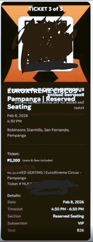 Lfb wts 
#euroextremecircus in #pampanga 
📆 Feb 08. 2026 (Sunday -tomorrow)
🕟 4:30 - 6:30 PM
🎫 VIP - 2,200 pesos (but can nego)

Send DM po 🫶