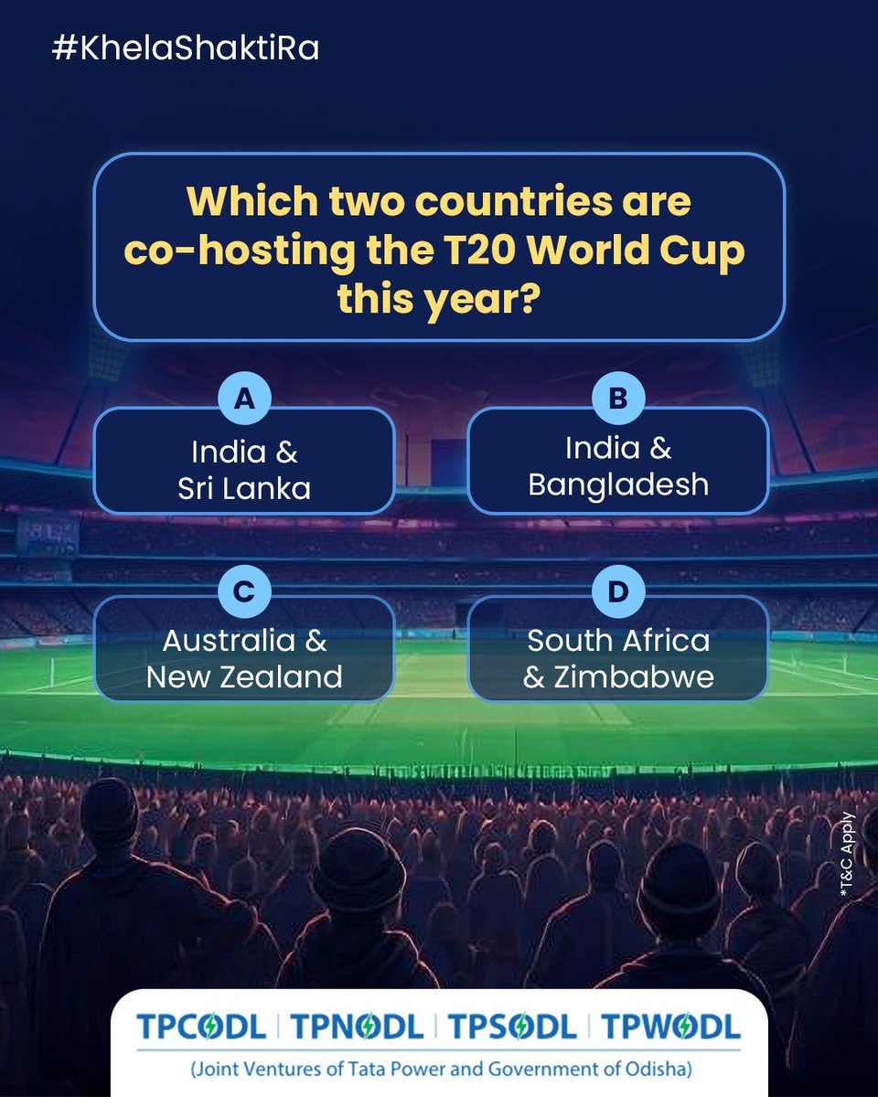 Are you excited for this year’s tournament? Answer now to win prizes. 

Terms: 
1. Follow our page
2. Comment your answers below with #KhelaShaktiRa

#T20WC2026 #T20WorldCup